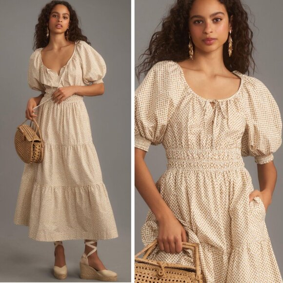 NEW Anthropologie Somerset Maxi Dress Puff-Sleeve Edition Neutral Bohemian - Picture 1 of 11
